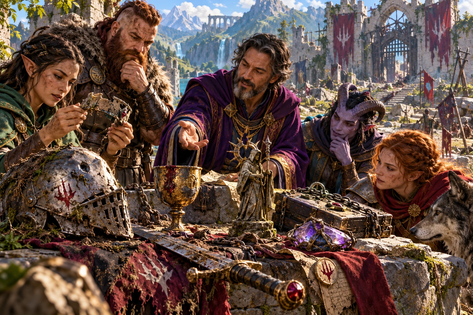 Fantasy illustration of adventurers examining a crown, chalice and recovered objects outside a ruined fortress