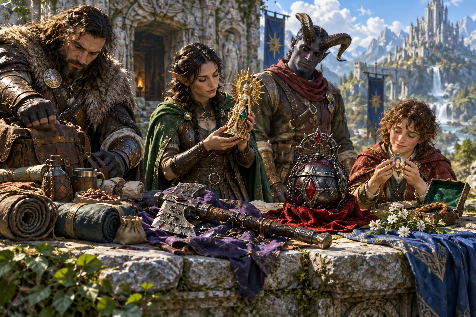 Fantasy illustration of adventurers inspecting a statuette, portrait locket and varied recovered belongings