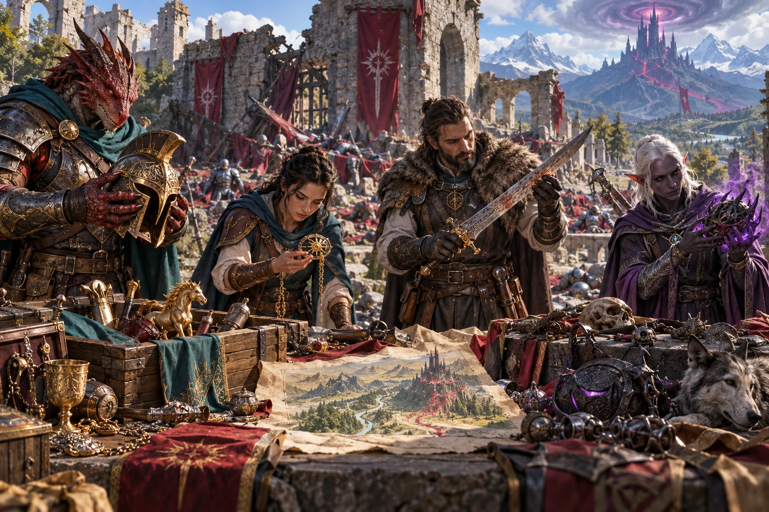 Fantasy illustration of adventurers studying marked equipment, a pendant and a map among recovered treasure